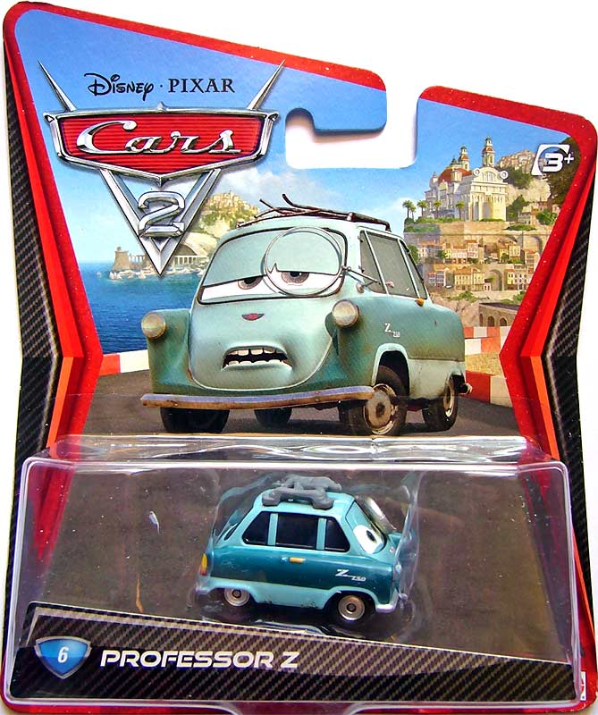 Professor Z from the Cars 2 series, Mattel 1:55 diecast on its card