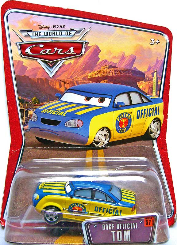 Race Official Tom from the World of Cars series, Mattel 1:55 diecast on its card