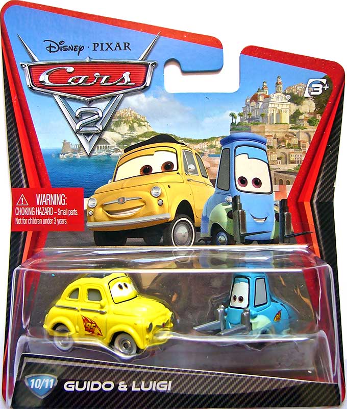 Race Team Luigi from the Cars 2 series, Mattel 1:55 diecast on its card