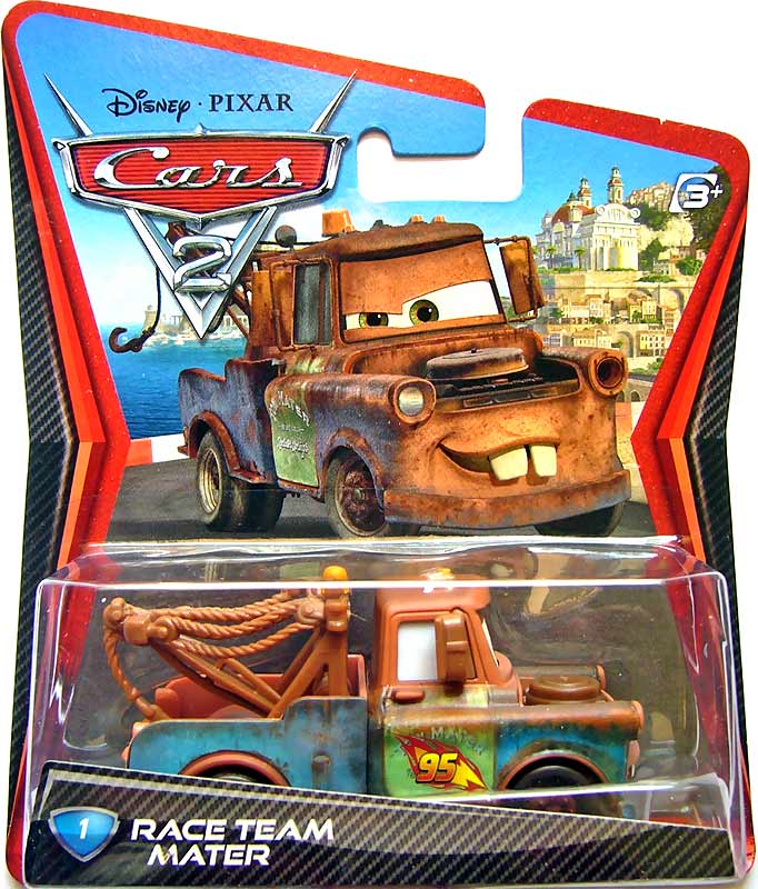 Race Team Mater from the Cars 2 series, Mattel 1:55 diecast on its card