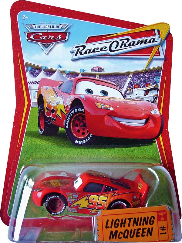 Lightning McQueen (without Rusteze sticker) from the Race O Rama series, Mattel 1:55 diecast on its card