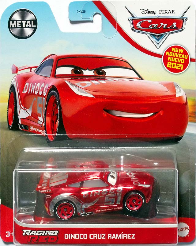 Racing Red Dinoco Cruz Ramirez from the Cars 2021 series, Mattel 1:55 diecast on its card