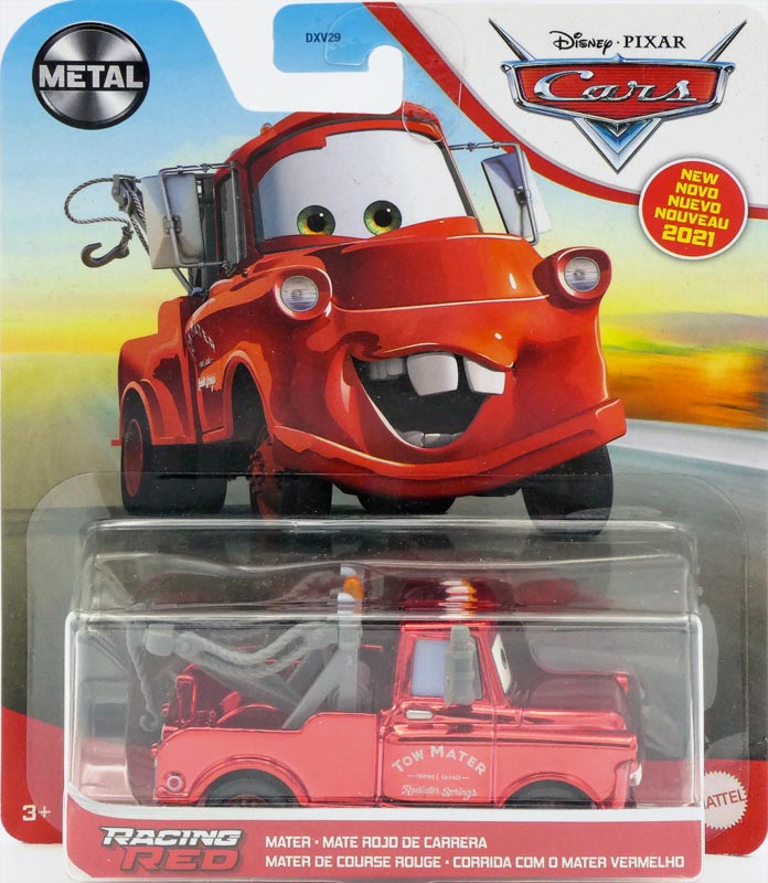 Racing Red Mater from the Cars 2021 series, Mattel 1:55 diecast on its card