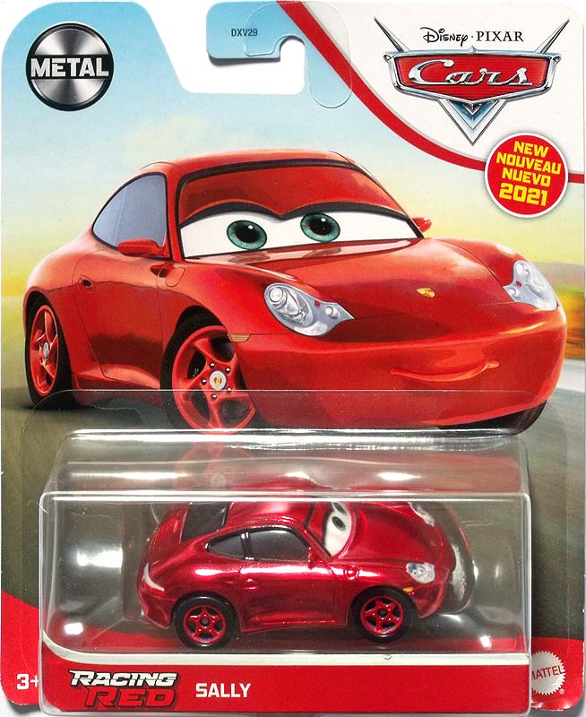Racing Red Sally from the Cars 2021 series, Mattel 1:55 diecast on its card