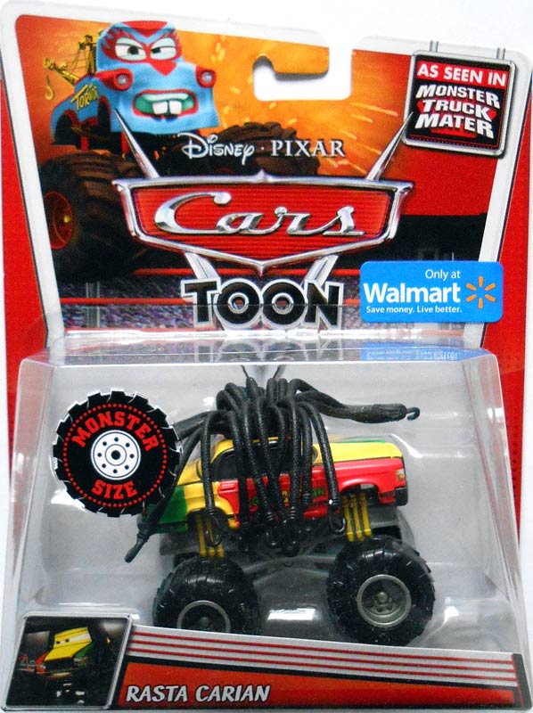 Rasta Carian from the Cars Toon series, Mattel 1:55 diecast on its card
