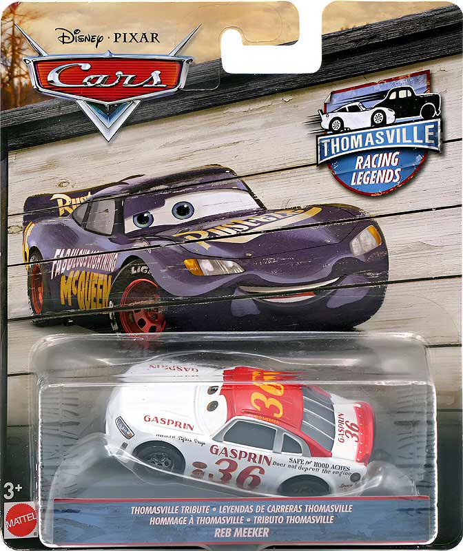 Reb Meeker (Thomasville Racing Legends) from the Cars 2018-2019 series, Mattel 1:55 diecast on its card