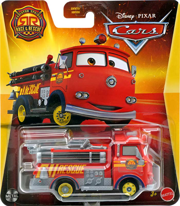Red (Race & Rescue) from the Cars 2025 series, Mattel 1:55 diecast on its card
