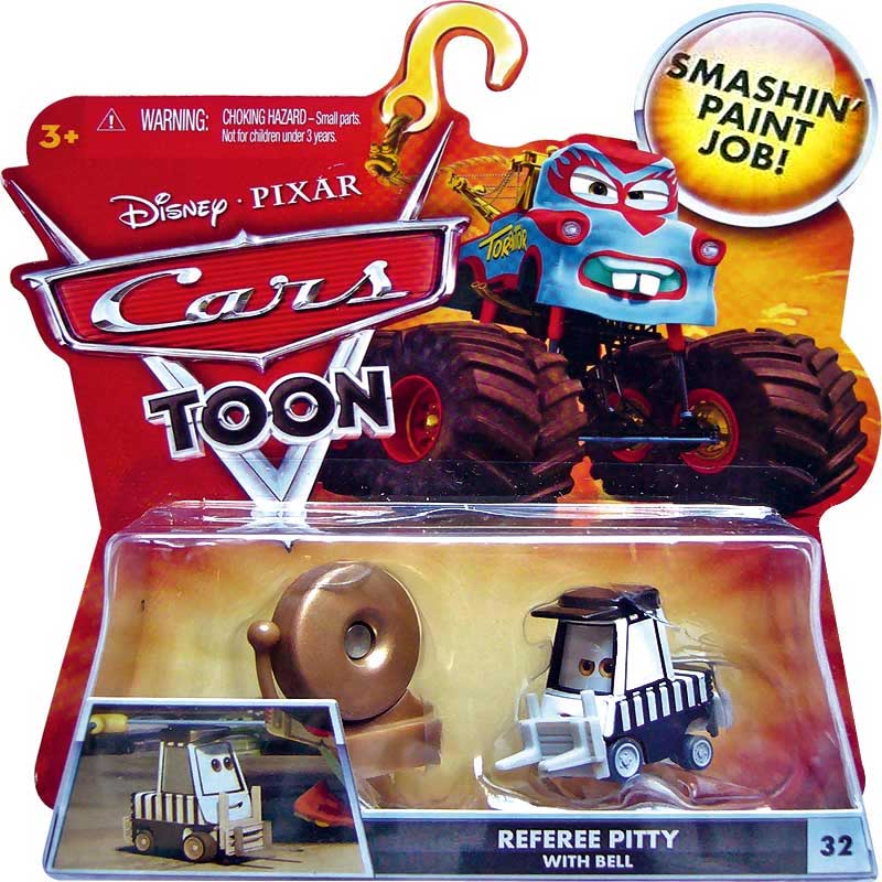Referee pitty with bell from the Cars Toon series, Mattel 1:55 diecast on its card