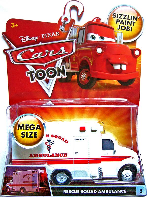 Rescue Squad Ambulance from the Cars Toon series, Mattel 1:55 diecast on its card