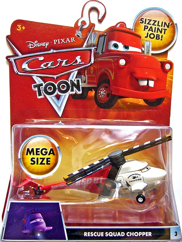 Rescue Squad Chopper from the Cars Toon series, Mattel 1:55 diecast on its card