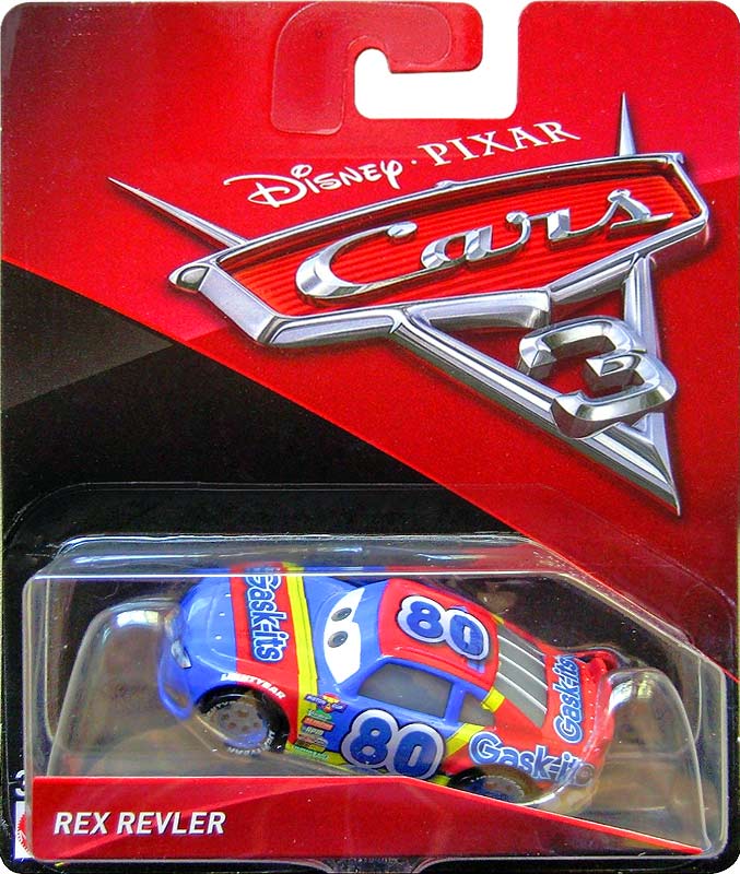 Rex Revler from the Cars 3 series, Mattel 1:55 diecast on its card