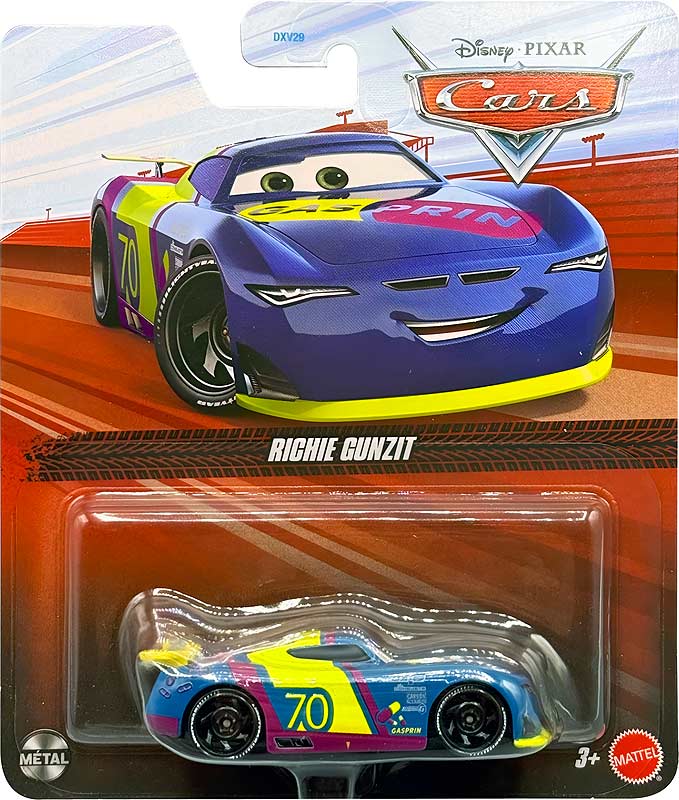Richie Gunzit from the Cars 2018-2019 series, Mattel 1:55 diecast on its card