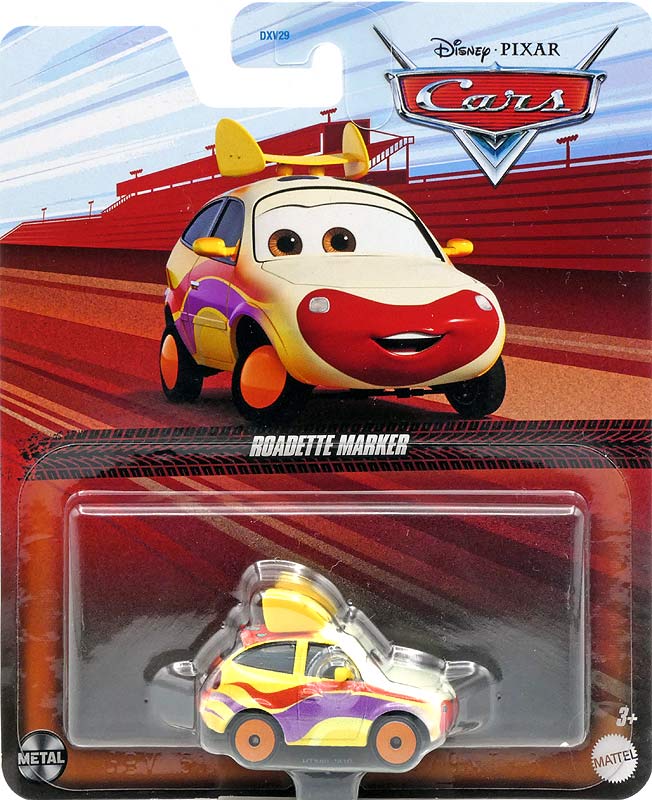 Roadette Marker from the Cars 2024 series, Mattel 1:55 diecast on its card
