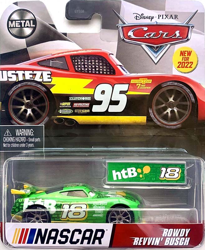 Rowdy Revvin' Busch from the Cars 2022 series, Mattel 1:55 diecast on its card