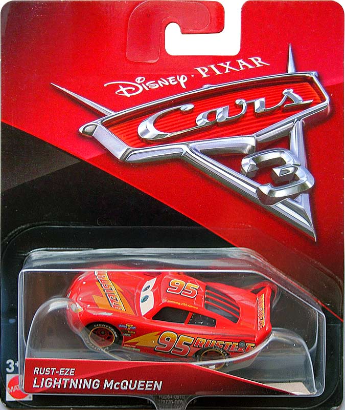 Rust-Eze Lightning McQueen from the Cars 3 series, Mattel 1:55 diecast on its card