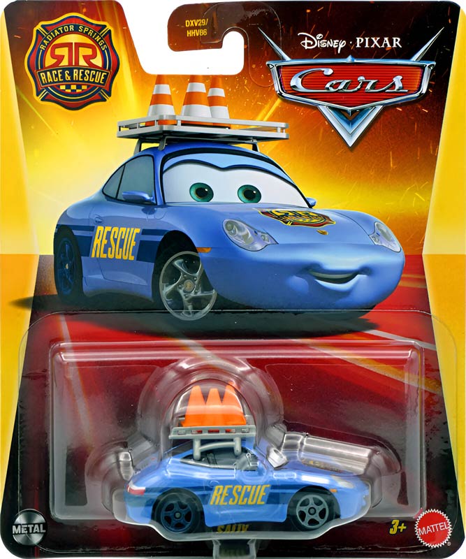 Sally (Race & Rescue) from the Cars 2025 series, Mattel 1:55 diecast on its card