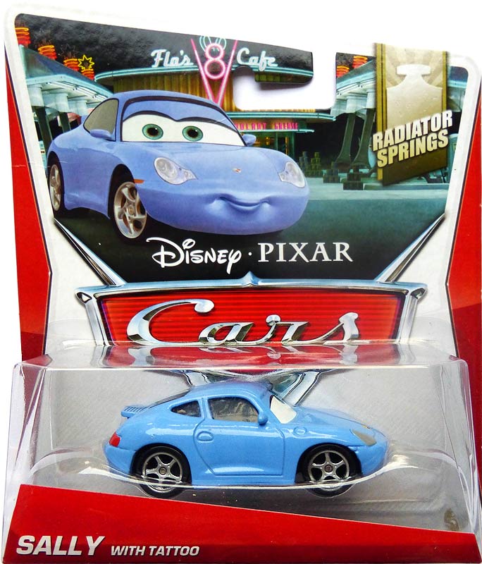 Sally with Tattoo from the Radiator Springs Classic series, Mattel 1:55 diecast on its card