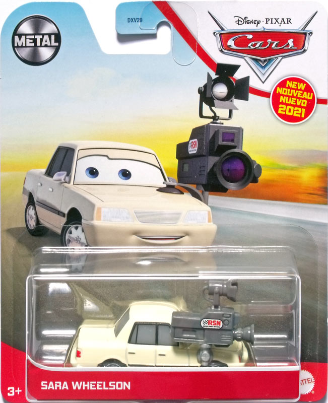 Sara Wheelson from the Cars 2021 series, Mattel 1:55 diecast on its card