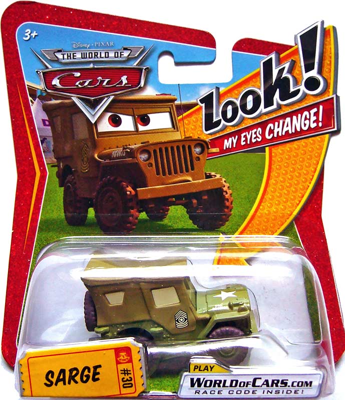 Sarge (lenticular v1) from the Race O Rama series, Mattel 1:55 diecast on its card