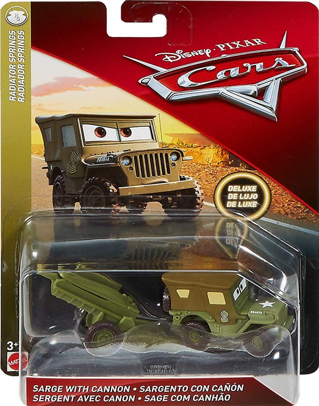Sarge with Cannon from the Cars 2018-2019 series, Mattel 1:55 diecast on its card