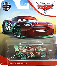 Sheldon Shifter from the Cars 2018-2019 series, Mattel 1:55 diecast on its card
