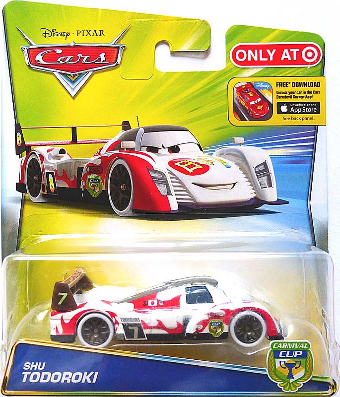 Shu Todoroki (Carnival Cup) from the Cars 2016 series, Mattel 1:55 diecast on its card