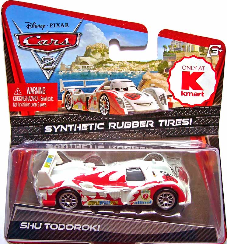 Shu Todoroki (rubber tires) from the Cars 2 series, Mattel 1:55 diecast on its card