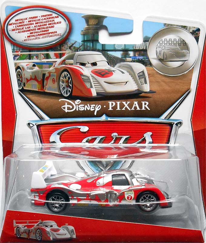 Shu Todoroki with Metallic Finish (Silver) from the Cars 2 series, Mattel 1:55 diecast on its card