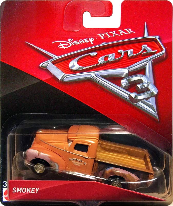 Smokey from the Cars 3 series, Mattel 1:55 diecast on its card