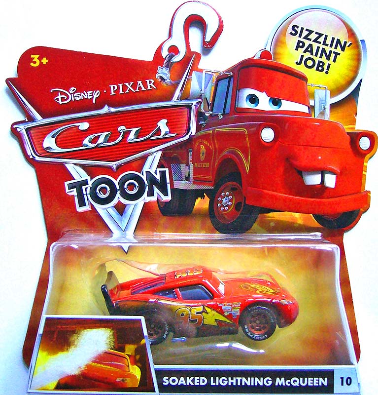 Soaked Lightning McQueen from the Cars Toon series, Mattel 1:55 diecast on its card