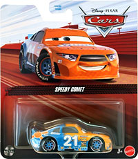 Speedy Comet from the Cars 2018-2019 series, Mattel 1:55 diecast on its card