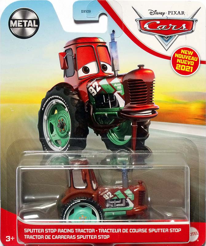 Sputter Stop Racing Tractor from the Cars 2021 series, Mattel 1:55 diecast on its card