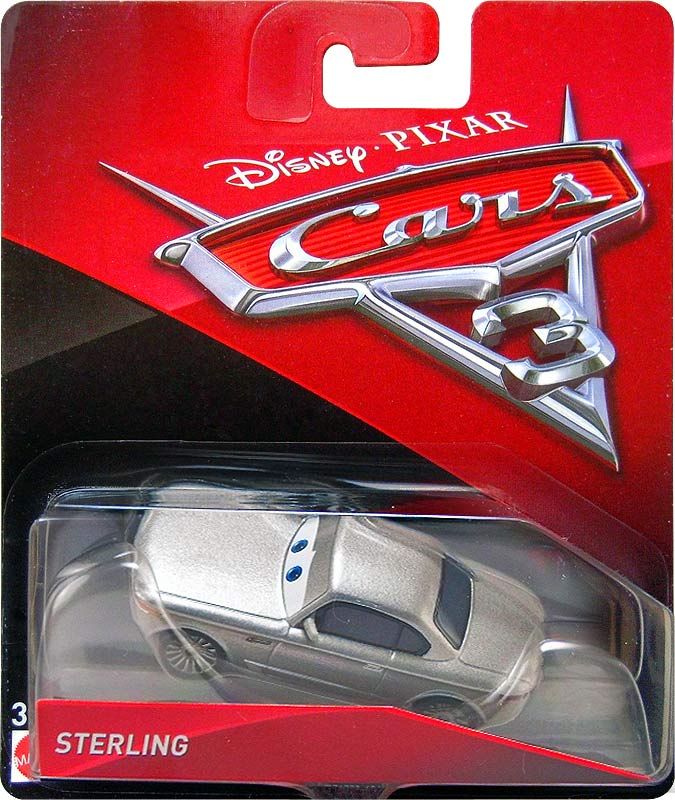 Sterling from the Cars 3 series, Mattel 1:55 diecast on its card