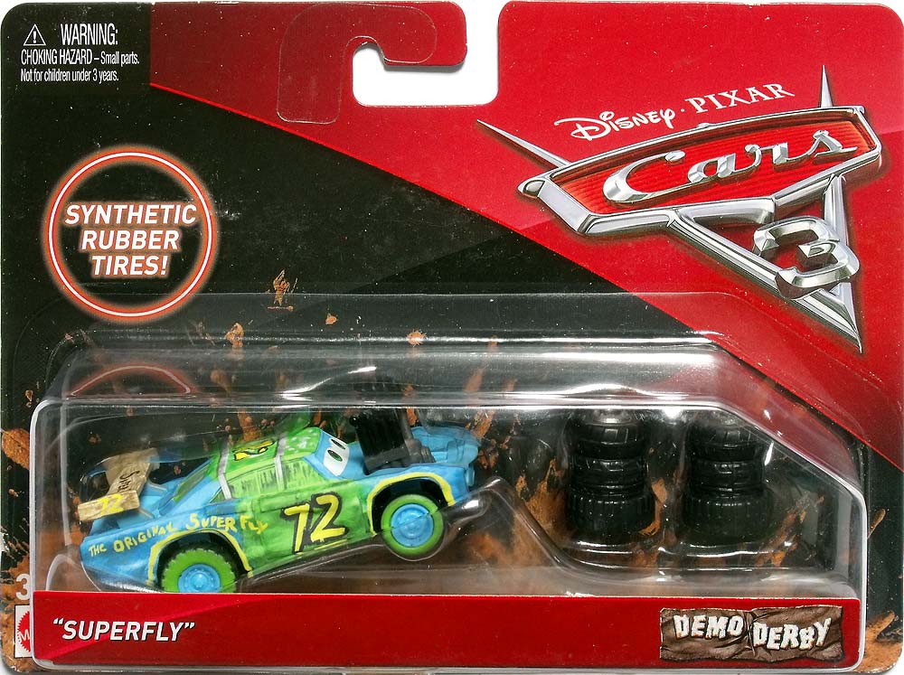 Superfly (rubber tires) from the Cars 3 series, Mattel 1:55 diecast on its card