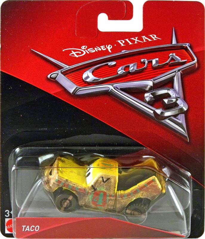 Taco from the Cars 3 series, Mattel 1:55 diecast on its card