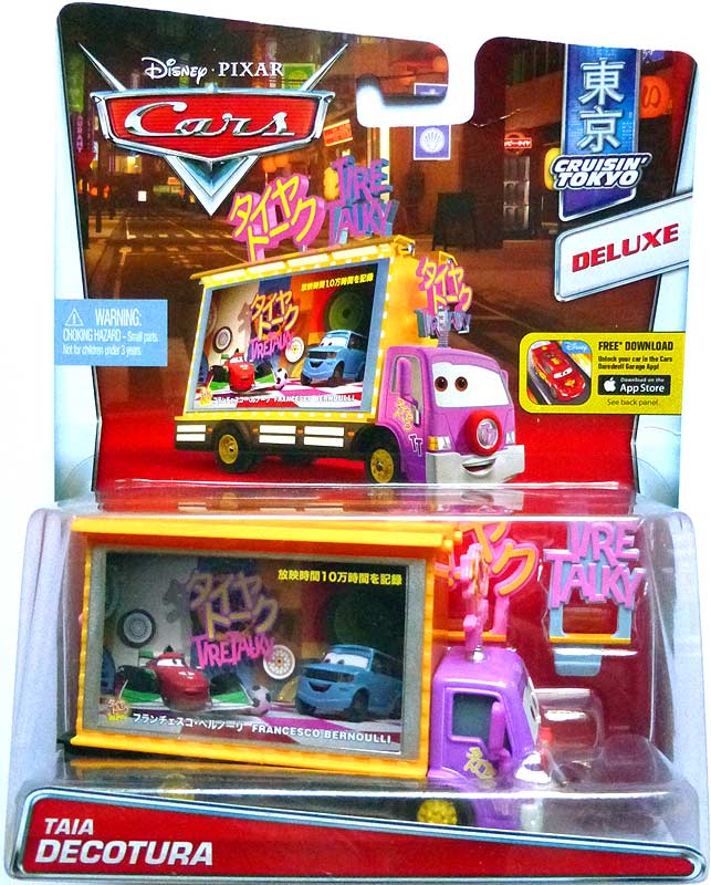 Taia Decotura from the Cars 2 series, Mattel 1:55 diecast on its card