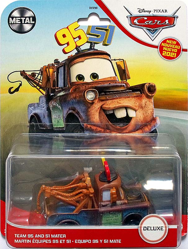 Team 95 and 51 Mater from the Cars 2021 series, Mattel 1:55 diecast on its card