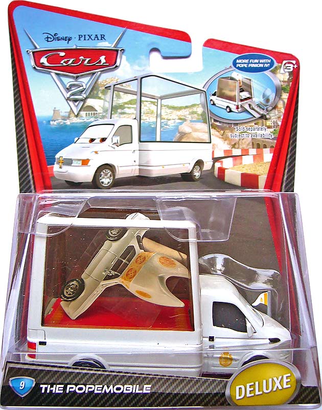 The Popemobile from the Cars 2 series, Mattel 1:55 diecast on its card