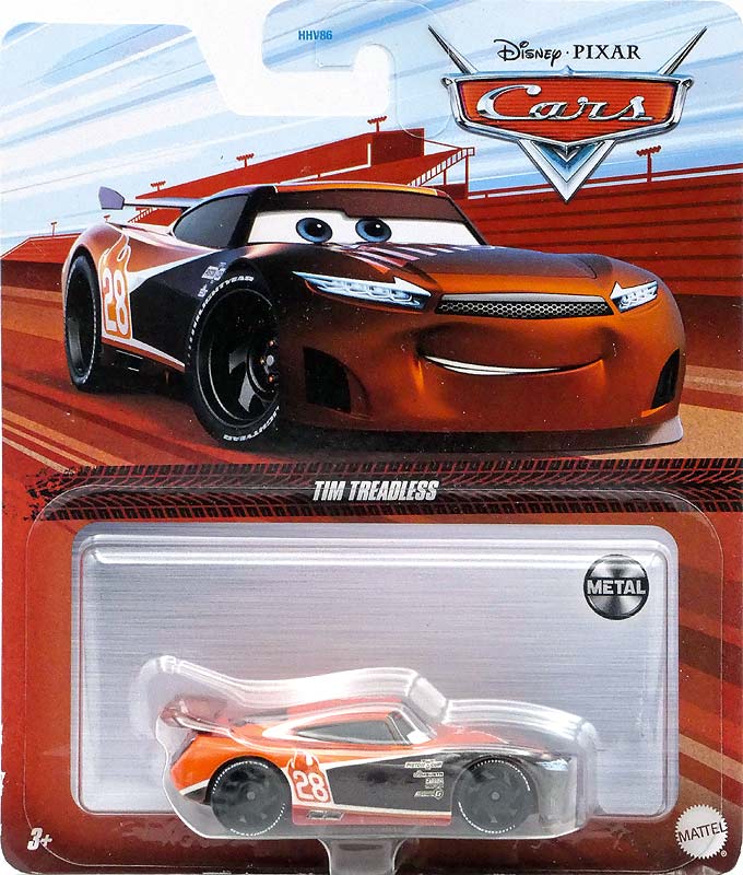 Tim Treadless from the Cars 2023 series, Mattel 1:55 diecast on its card