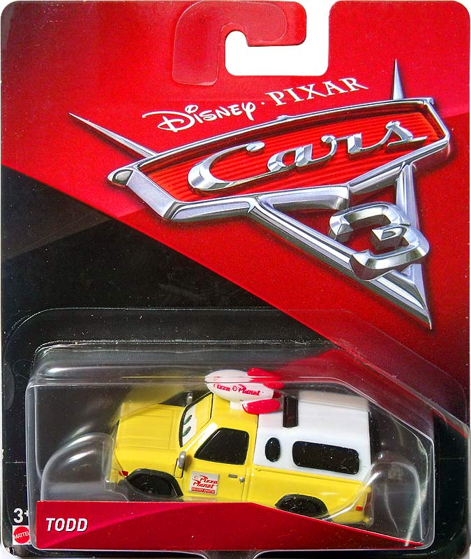 Todd (variant) from the Cars 3 series, Mattel 1:55 diecast on its card