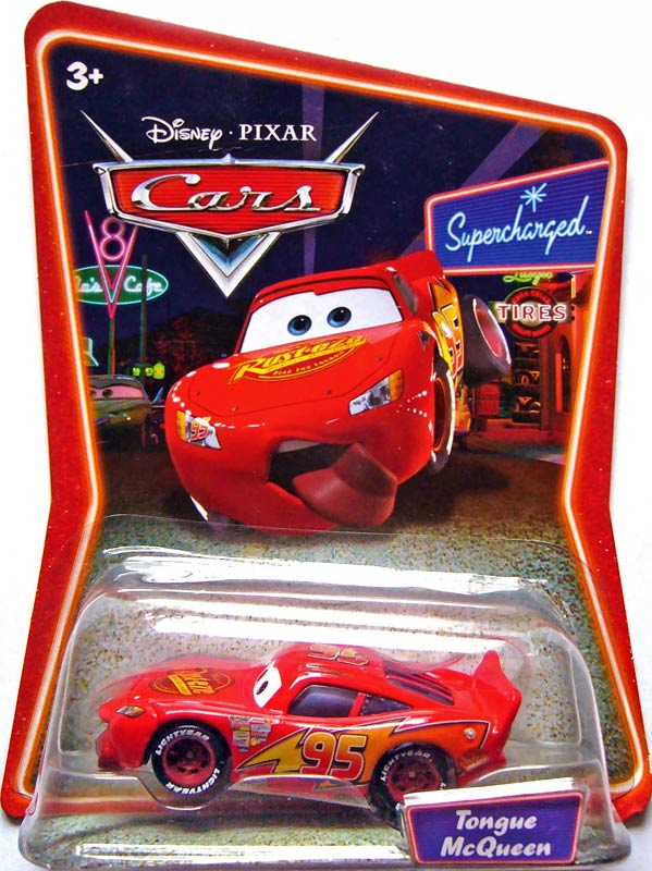 Tongue McQueen from the Supercharged series, Mattel 1:55 diecast on its card