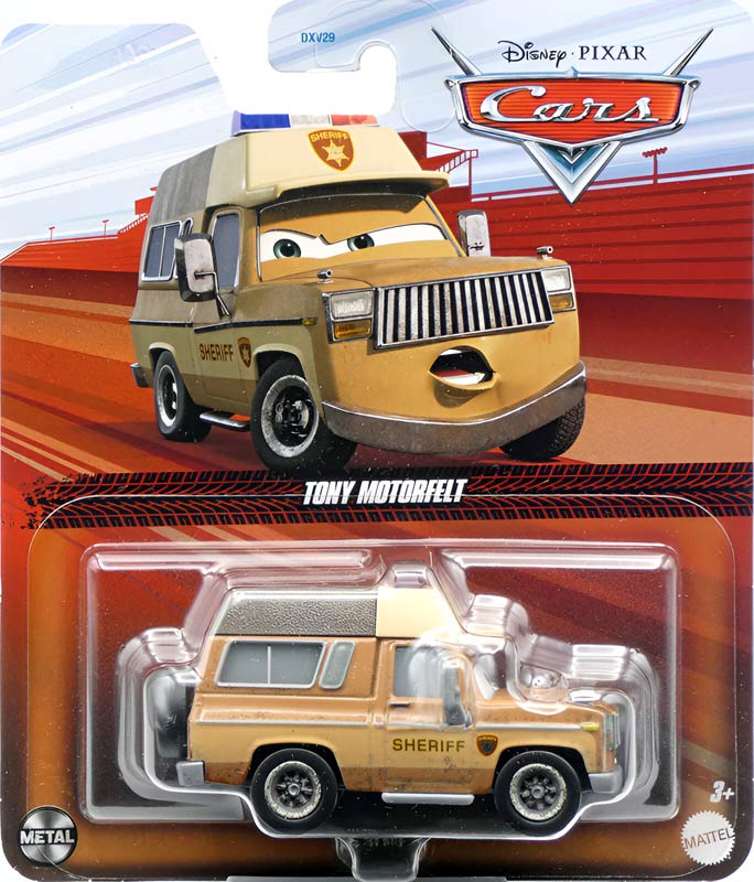 Tony Motorfelt from the Cars 2024 series, Mattel 1:55 diecast on its card