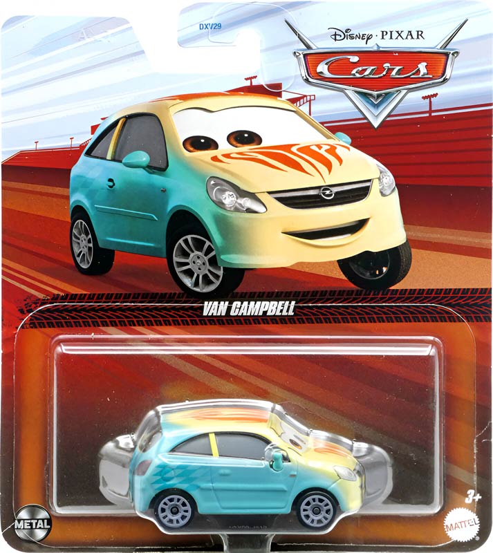 Van Campbell from the Cars 2024 series, Mattel 1:55 diecast on its card