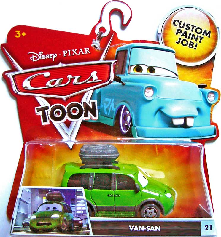 Van San from the Cars Toon series, Mattel 1:55 diecast on its card