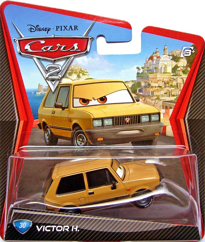 Victor Hugo from the Cars 2 series, Mattel 1:55 diecast on its card