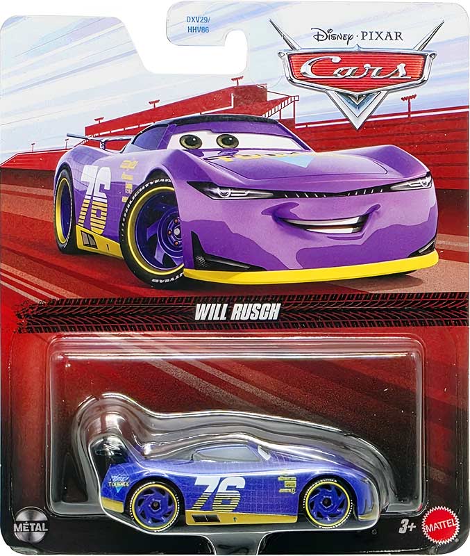 Will Rusch from the Cars 2026 series, Mattel 1:55 diecast on its card
